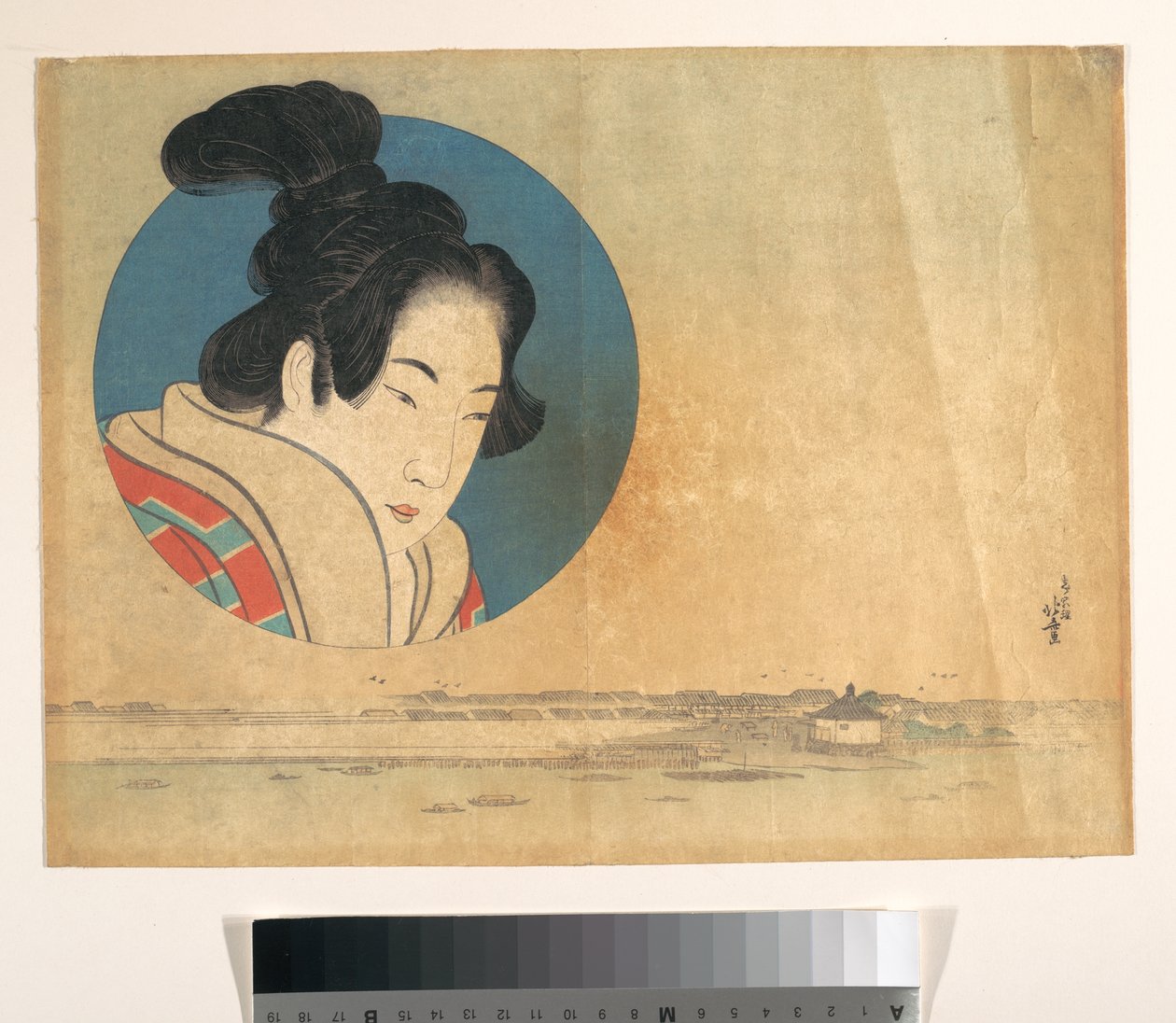 Portrett av en kvinne i en stor sirkel med landskap i bakgrunnen av Katsushika Hokusai