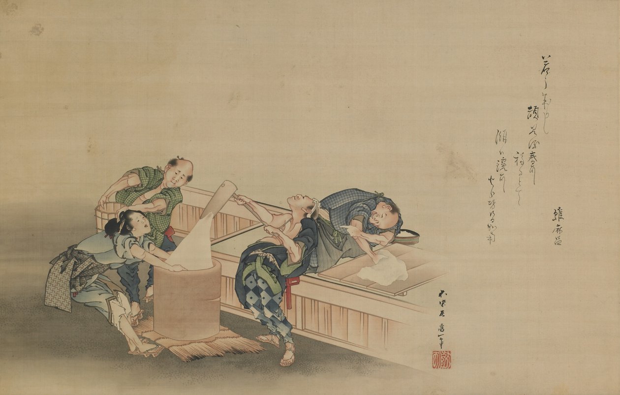 Pounding Rice for Mochi, innskrevet av Momomoto Hinamaro, Edo-perioden, ca. 1822 (blekk og farge på silke montert som hengende rulle) av Katsushika Hokusai