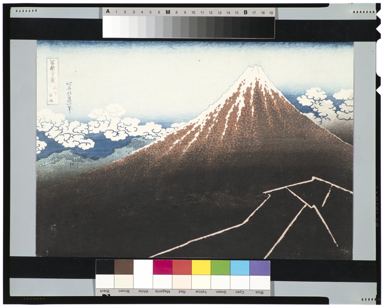 Regnvær under toppen, ca. 1831-34 (treblokk) av Katsushika Hokusai