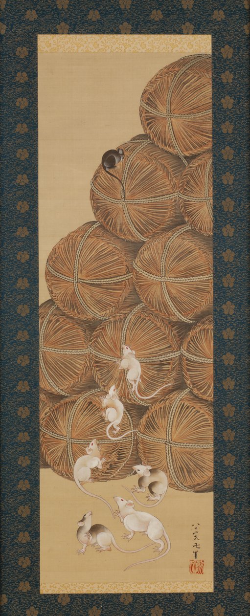 Rotter og risballer, Edo-perioden, 1843 (blekk og farge på silke) av Katsushika Hokusai