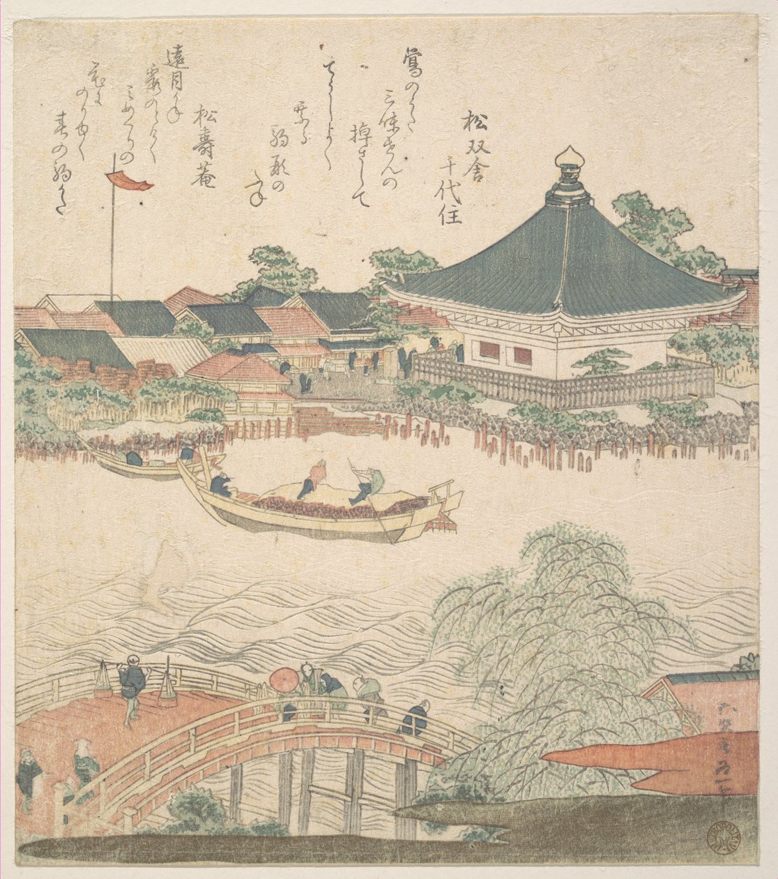 Elvescene med bro i forgrunnen av Katsushika Hokusai