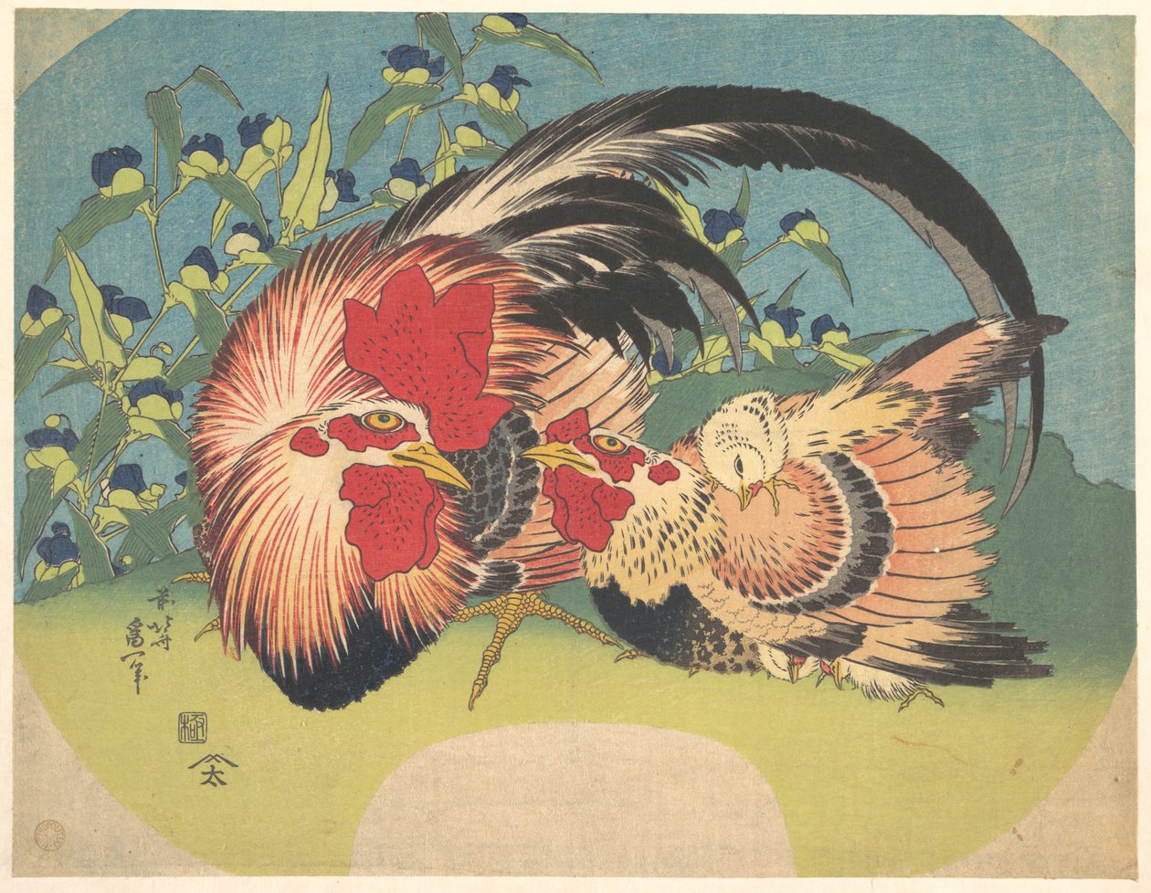 Hane, høne og kylling med edderkoppurt av Katsushika Hokusai