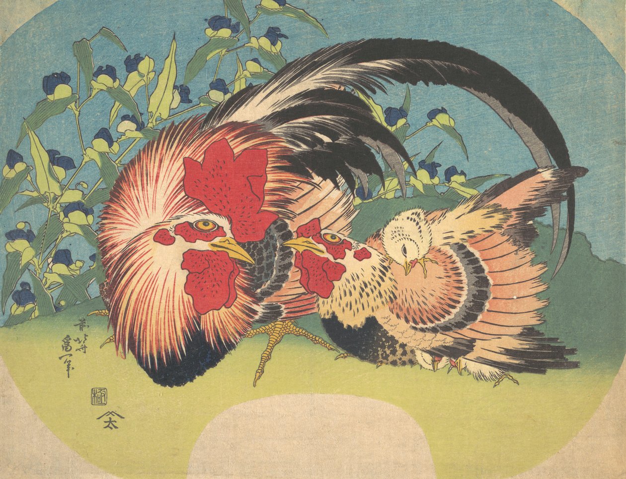 Hane, høne og kylling med edderkopp, ca. 1830-33. av Katsushika Hokusai