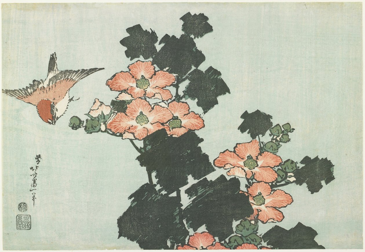 Rose Mallow og Sparrow, ca. 1832 av Katsushika Hokusai