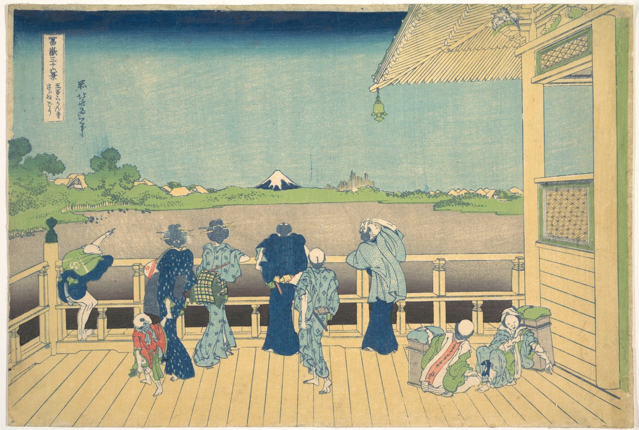 Sazai-hallen ved De fem hundre arhattenes tempel (Gohyaku Rakanji Sazaidō), fra serien «De tretti-seks utsiktene over Fuji-fjellet» (Fugaku sanjūrokkei) av Katsushika Hokusai
