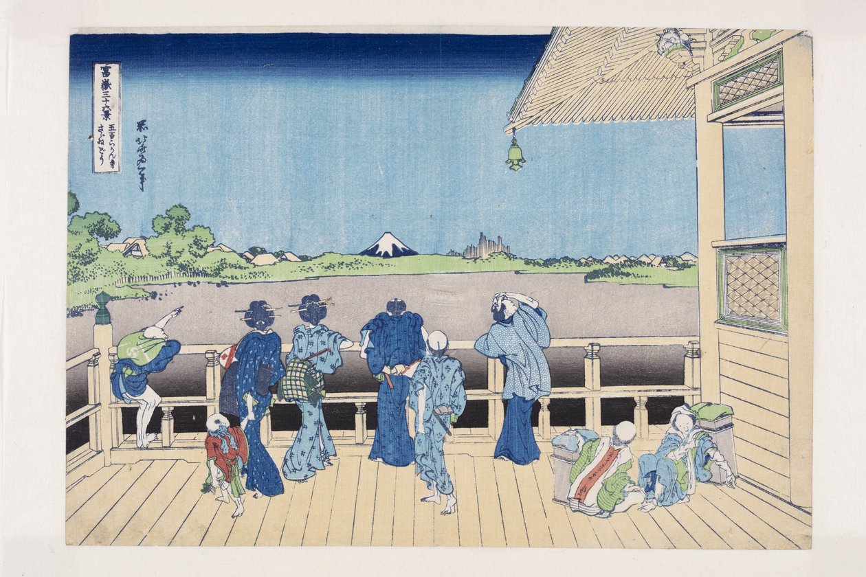 Sazai Hall of the Temple of the Five Hundred Arhats (Gohyaku Rakan-ji Sazaid?) (farget treblokktrykk) av Katsushika Hokusai
