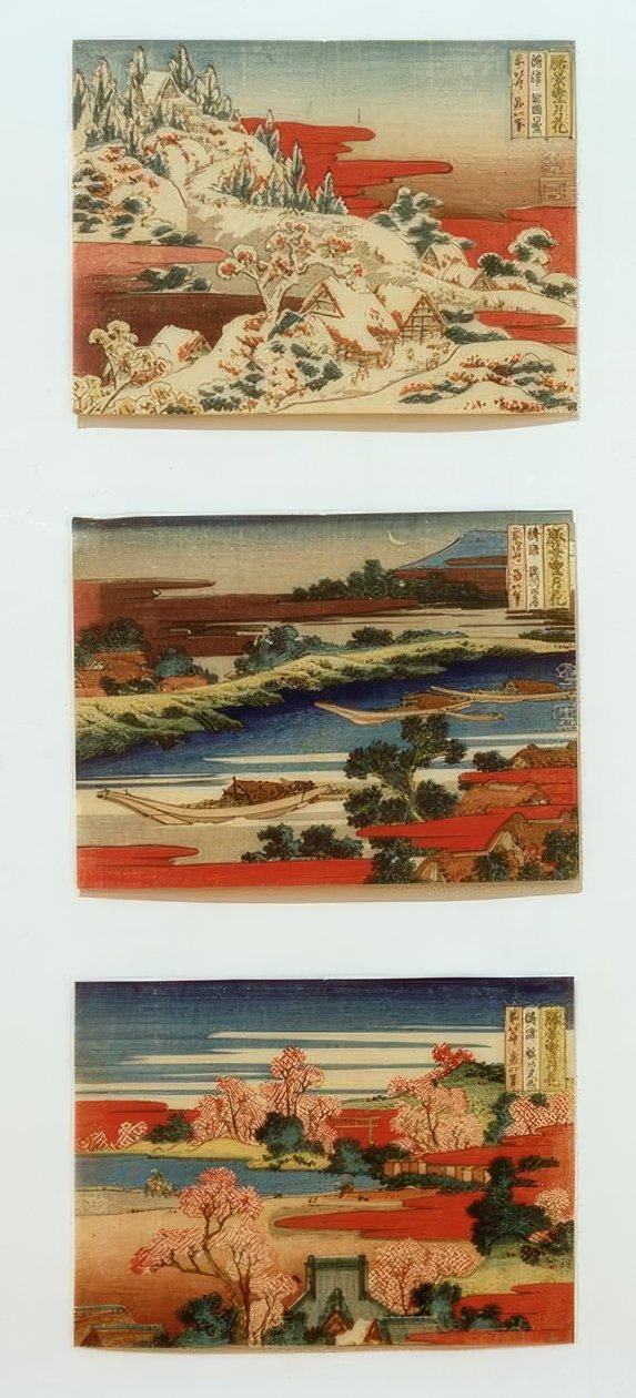 Snø, måne og blomster i vakre landskap av Katsushika Hokusai