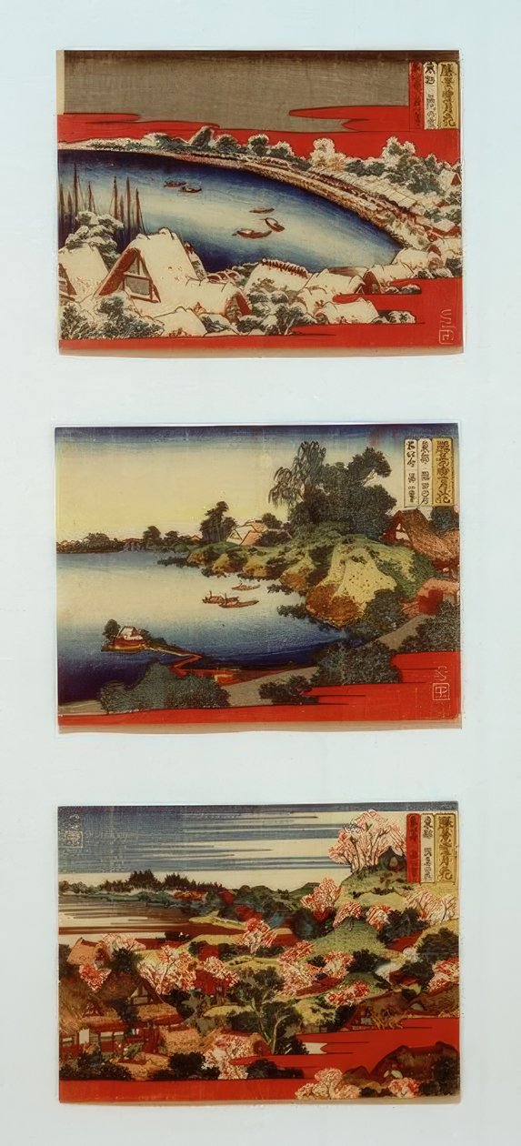 Snø, måne og blomster i vakre landskap av Katsushika Hokusai