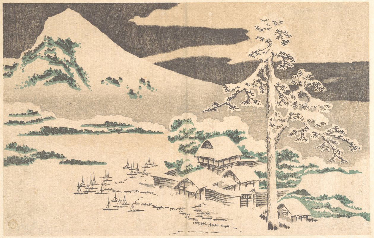 En kystby om vinteren, fra Hokusais «Album med realistiske bilder» (Hokusai shashin gafu) av Katsushika Hokusai
