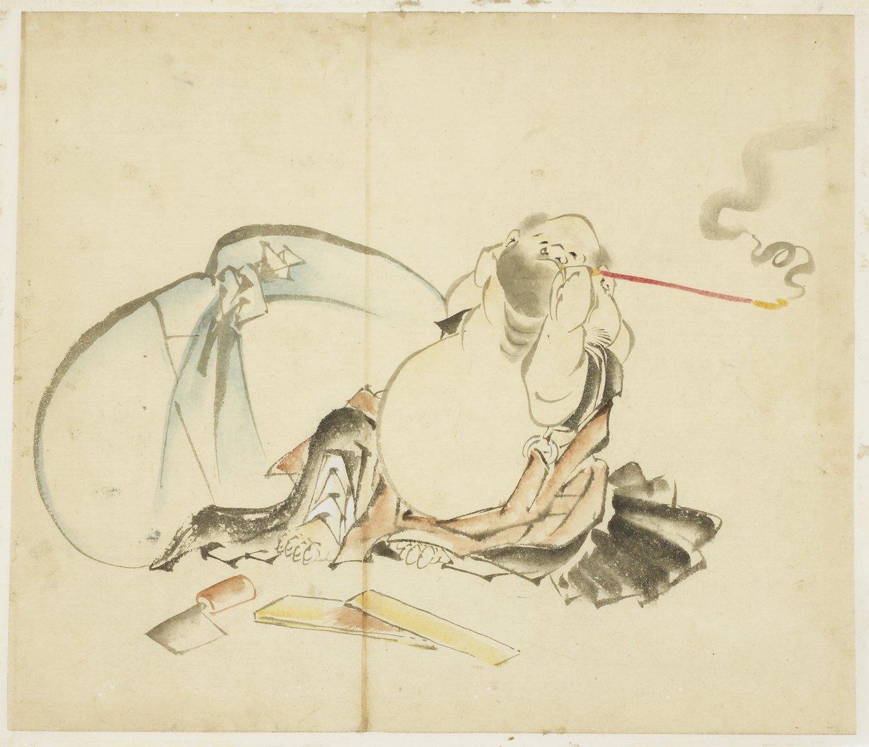Sittende Hotei Smoking a Pipe, ca. 1815-1849 (blekk og farge på papir) av Katsushika Hokusai