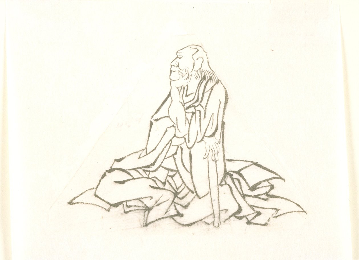 Sittende gammel mann som lener seg på en stokk av Katsushika Hokusai