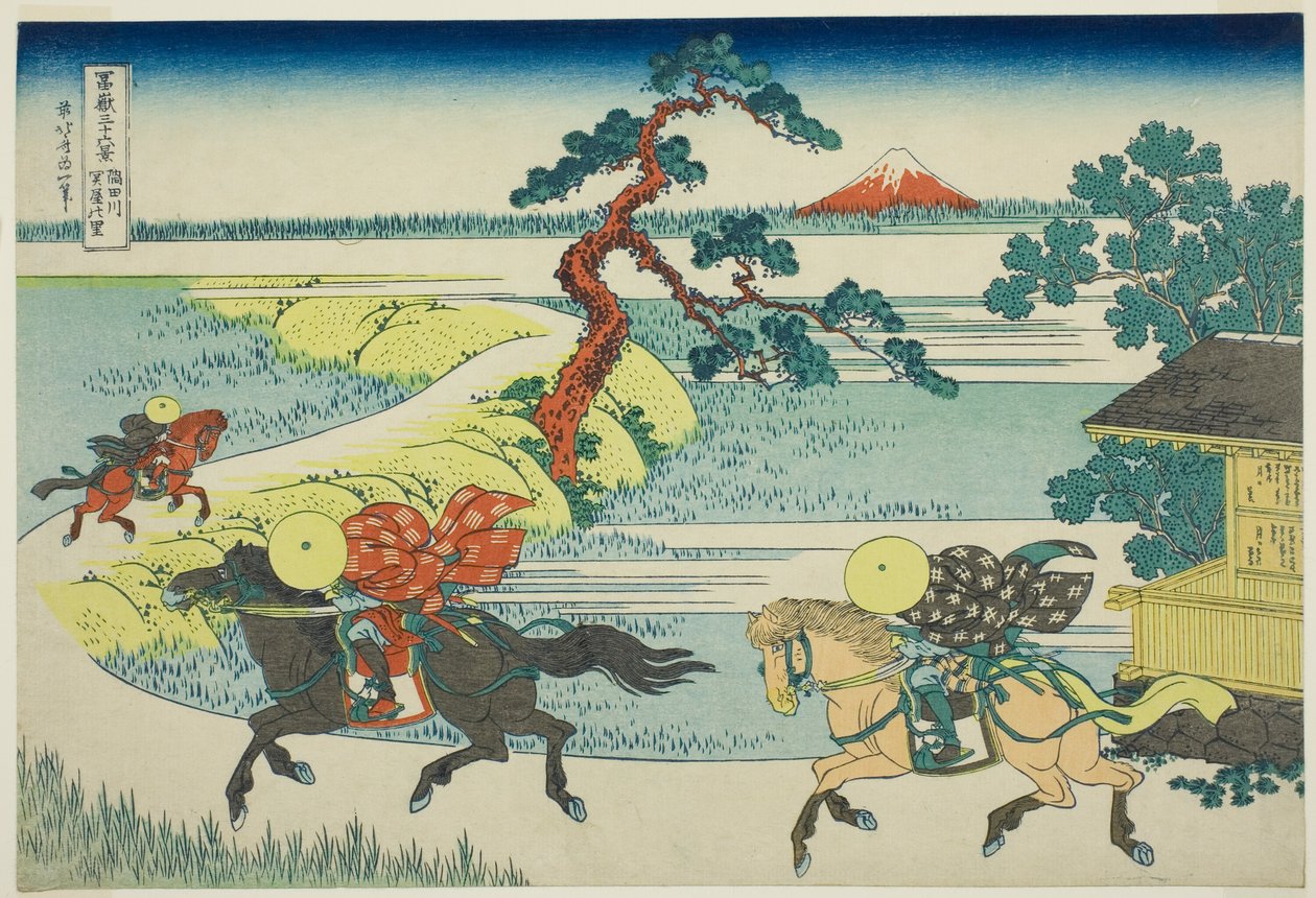 Sekiya Village ved Sumida-elven (Sumidagawa Sekiya no sato), fra serien Thirty-Six Views of Mount Fuji (Fugaku sanjūrokkei) av Katsushika Hokusai