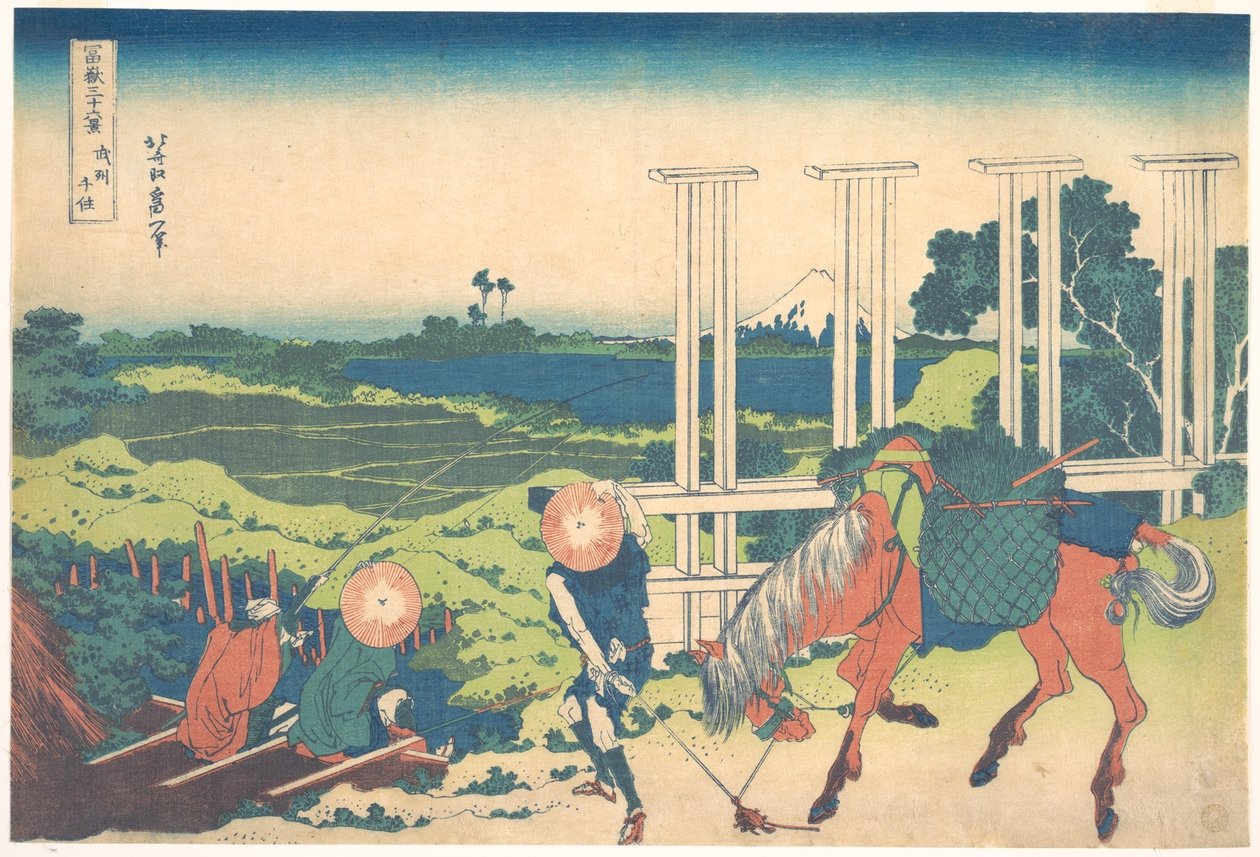 Senju i Musashi-provinsen (Bushū Senju), fra serien «De tretti-seks utsiktene over Fuji-fjellet» (Fugaku sanjūrokkei) av Katsushika Hokusai