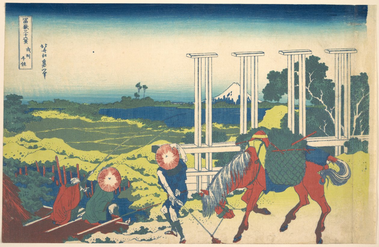 Senju i Musashi-provinsen (Bushū Senju), fra serien «De tretti-seks utsiktene over Fuji-fjellet» (Fugaku sanjūrokkei) av Katsushika Hokusai