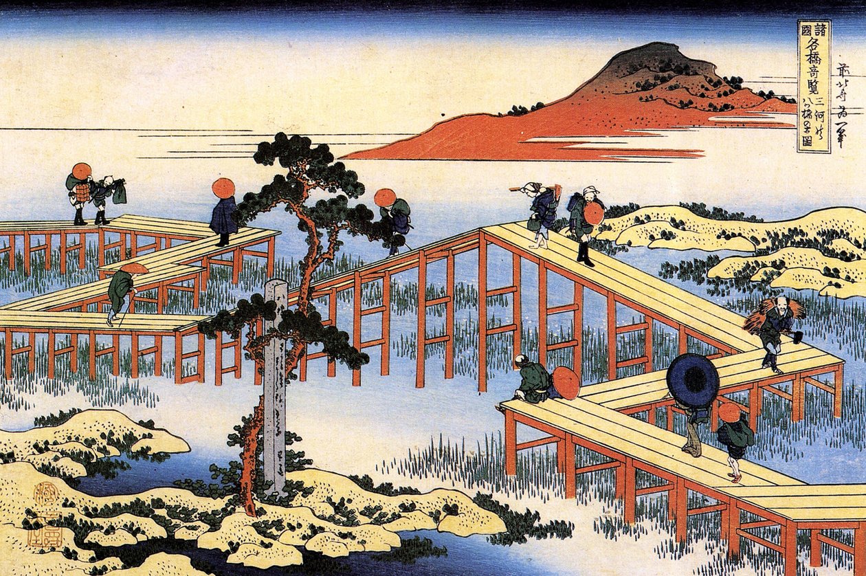 Serie med bemerkelsesverdige utsikter over broer fra forskjellige provinser: Yatsuhashi-broen i Mikawa-provinsen, Japan - Trykk av Katsushika Hokusai (1760-1849) (ukiyo-e skole) 1835 State Hermitage Saint Petersburg Russland av Katsushika Hokusai