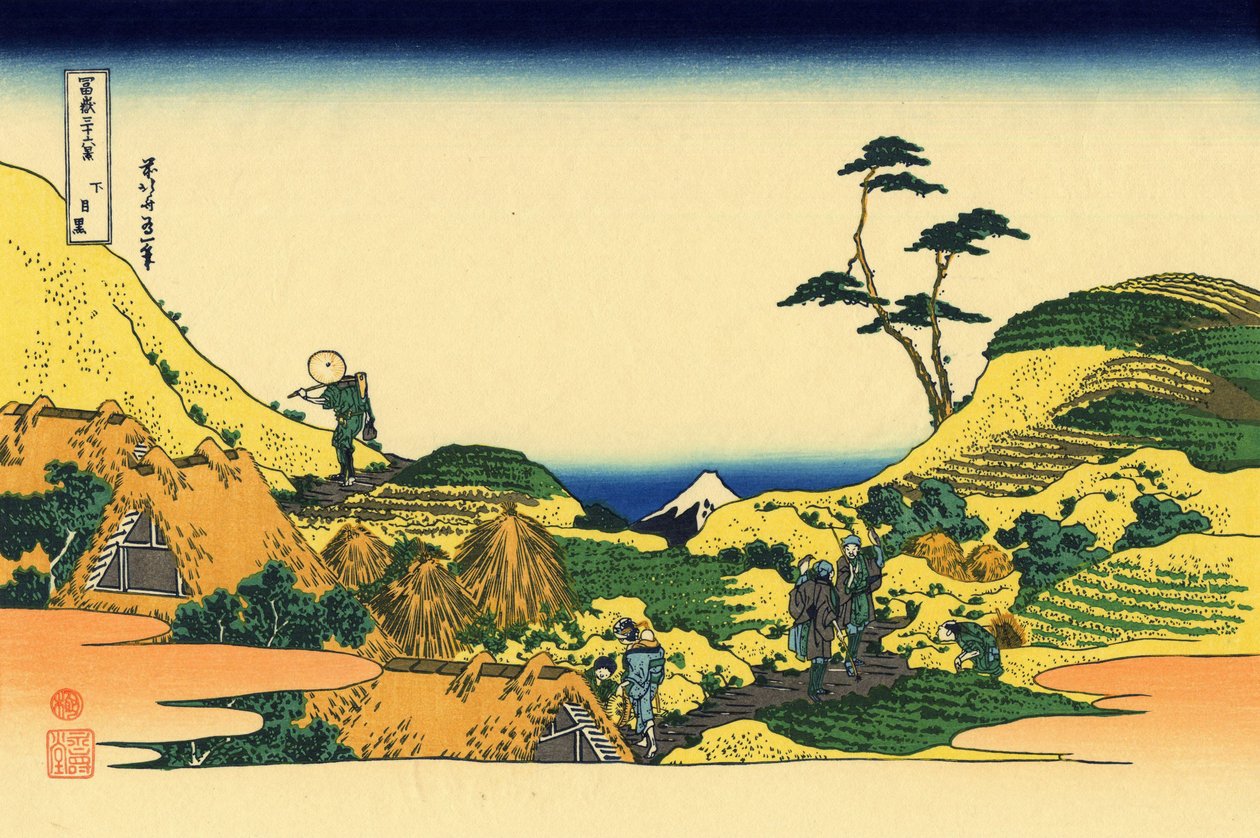 Shimomeguro, ca. 1830 (treblokktrykk) av Katsushika Hokusai