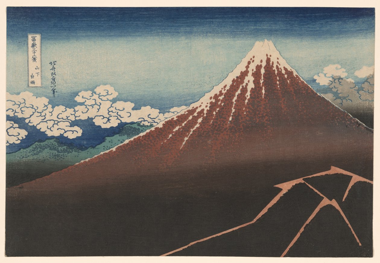 Shower Below the Summit (Sanka hakuu), fra serien "Thirty-Six Views of Mount Fuji (Fugaku sanjurokkei)" av Katsushika Hokusai