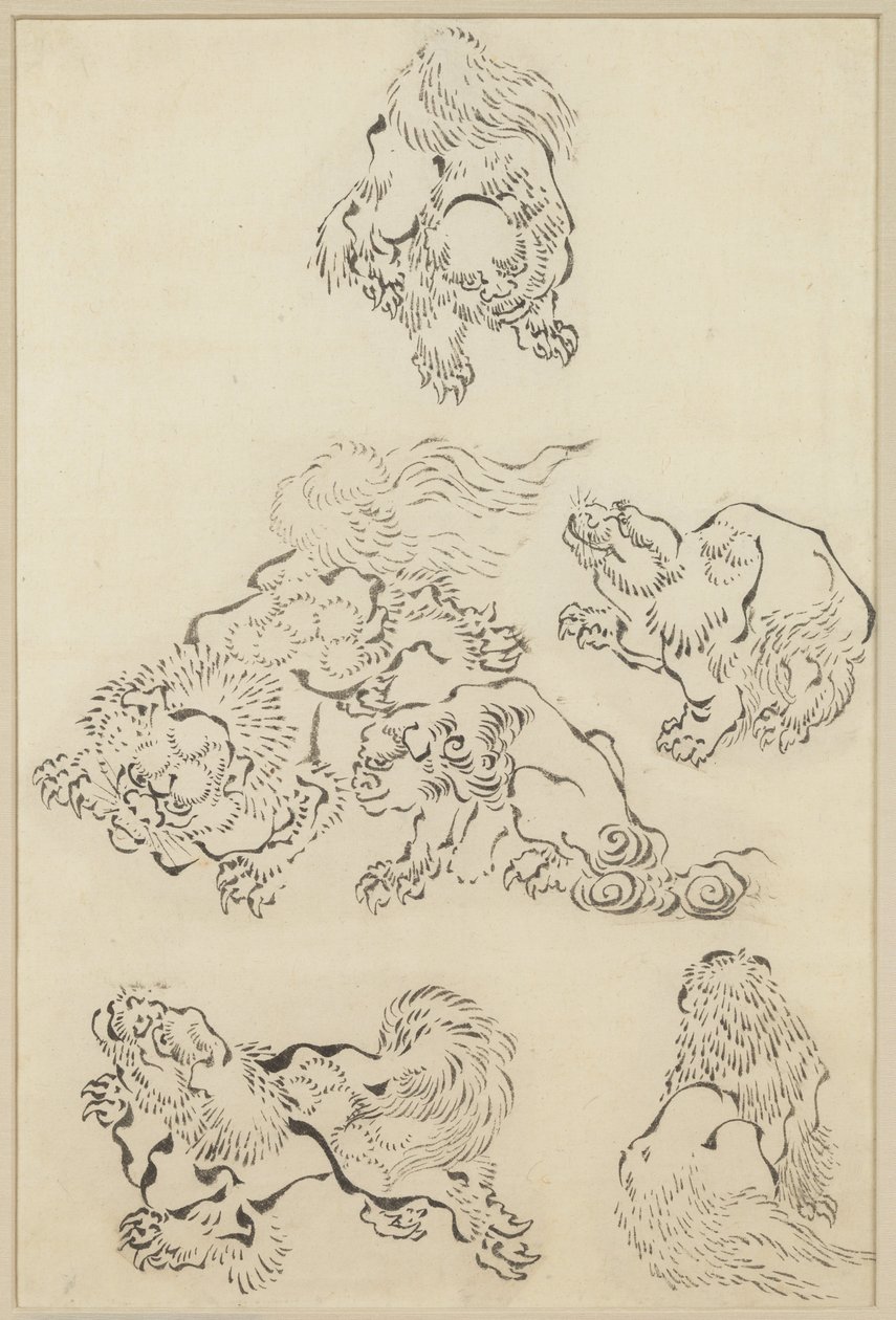 Seks løver av Katsushika Hokusai
