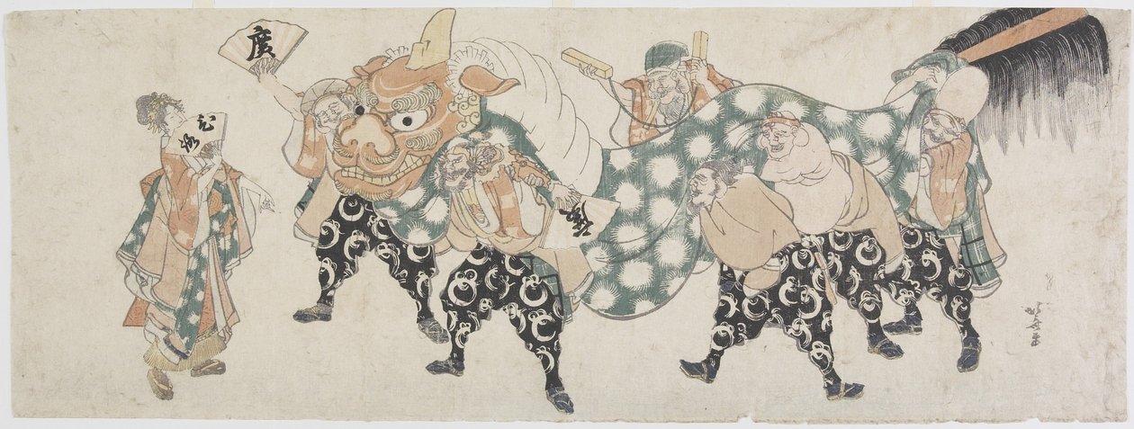 Seks mannlige guder som utfører løvedansen, 1797-1819 (treblokktrykk i farger) av Katsushika Hokusai