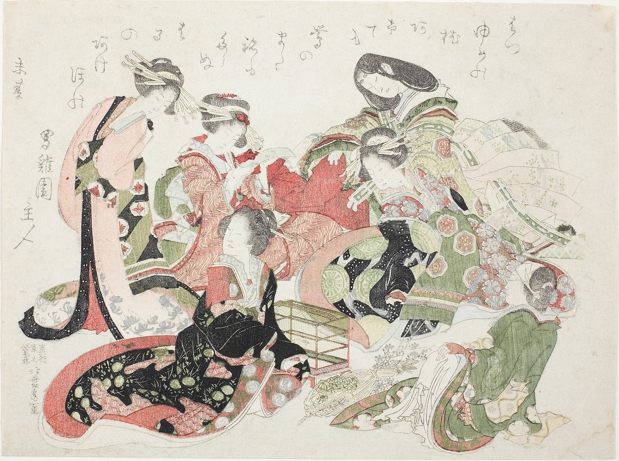 Seks kvinner satt rundt et fuglebur av Katsushika Hokusai