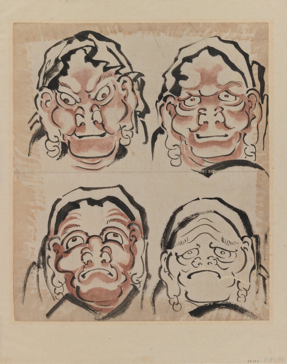 Skisse av fire ansikter (blekk på papir) av Katsushika Hokusai