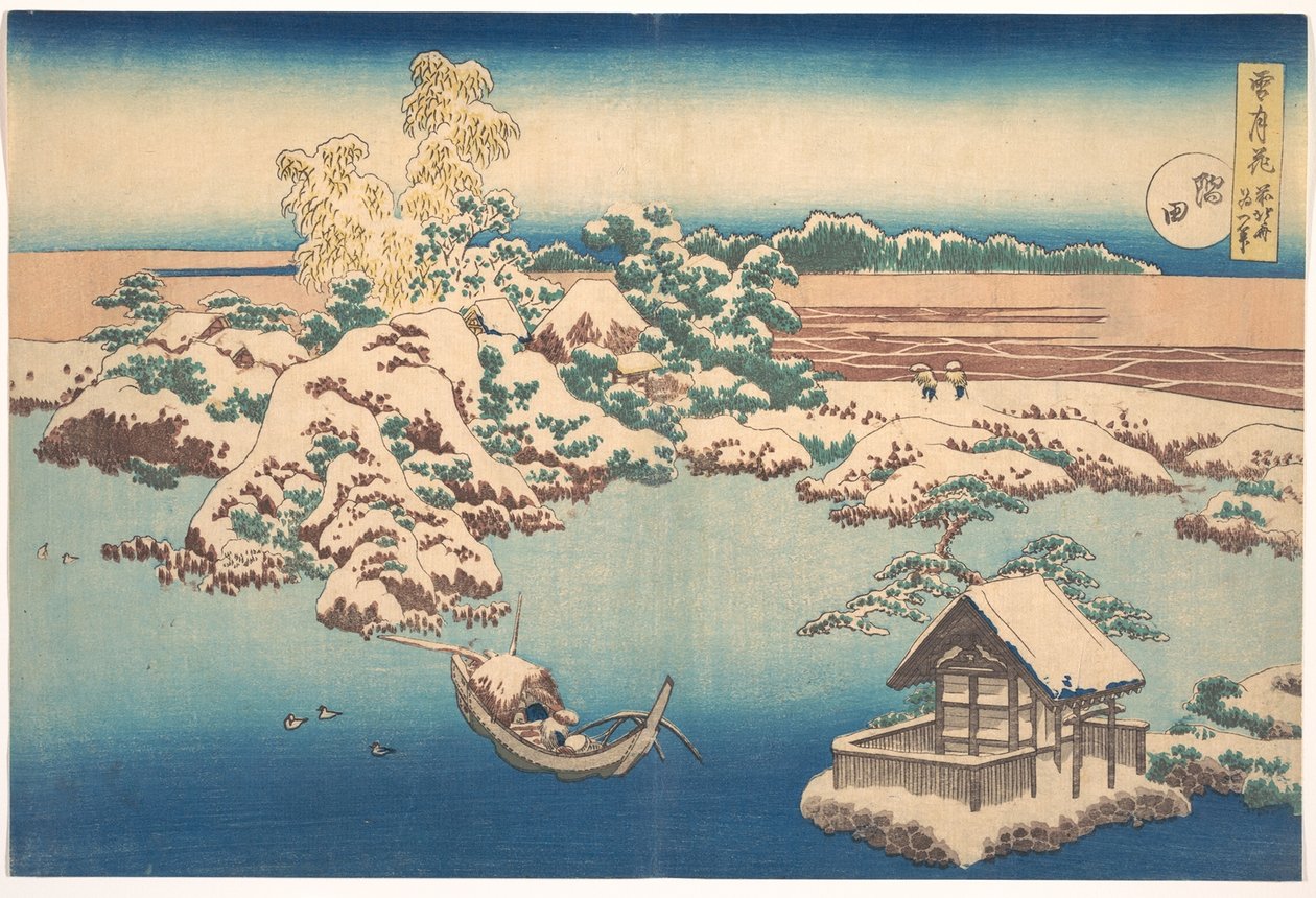 Snow on the Sumida River, fra serien, Snow, Moon, and Flowers, pub.1833 av Katsushika Hokusai