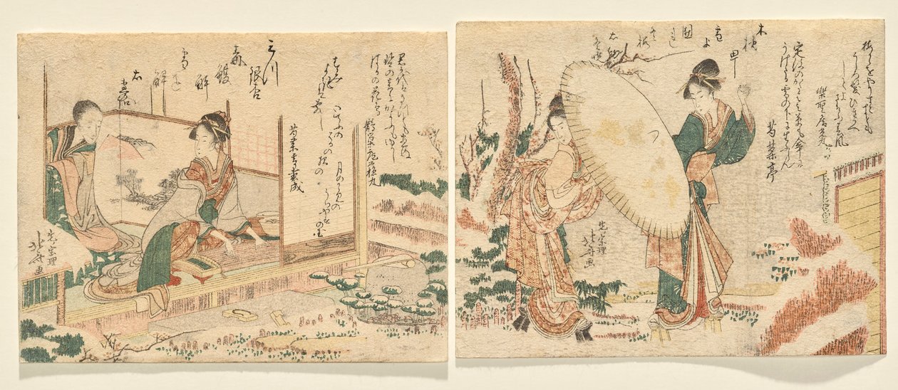 Snowy Morning: To kvinner går i en snødekt hage i snøgeta med en paraply; L: Ung kvinne spiller koto og ser på moren sin av Katsushika Hokusai