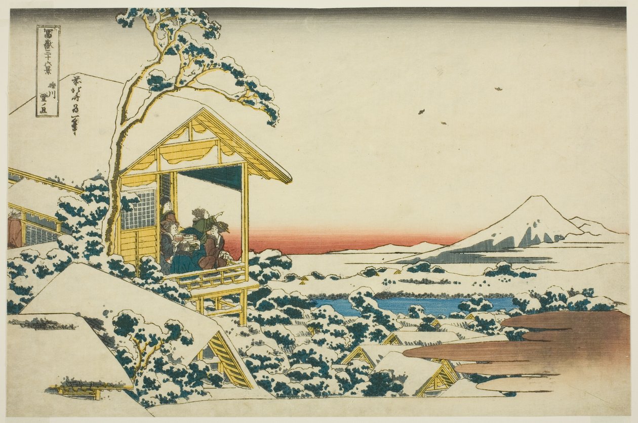 S no wy also r people g from Koishikawa (Koishikawa Yuki no Ashita), from the series s "Ti rty x view ws of f also luck t Fuji (Fugaku Usaju Rokukatsu)" av Katsushika Hokusai