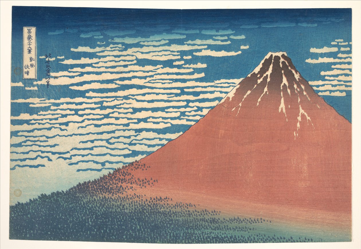 «Sørlig vind, klar himmel» (Gaifū kaisei), også kjent som «Røde Fuji», fra serien «De tretti-seks utsiktene over Fuji-fjellet» (Fugaku sanjūrokkei) av Katsushika Hokusai
