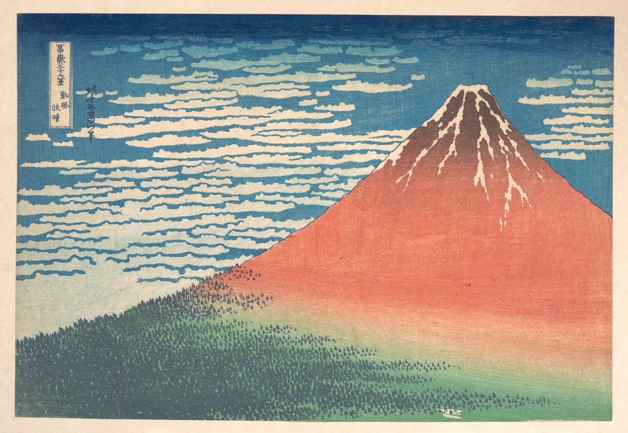 «Sørlig vind, klar himmel» (Gaifū kaisei), også kjent som «Røde Fuji», fra serien «De tretti-seks utsiktene over Fuji-fjellet» (Fugaku sanjūrokkei) av Katsushika Hokusai