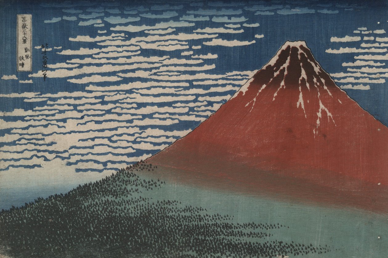 «Sørvind ved klar daggry», også kjent som «Røde Fuji», fra serien «Tretti-seks utsikter over Fuji-fjellet» av Katsushika Hokusai