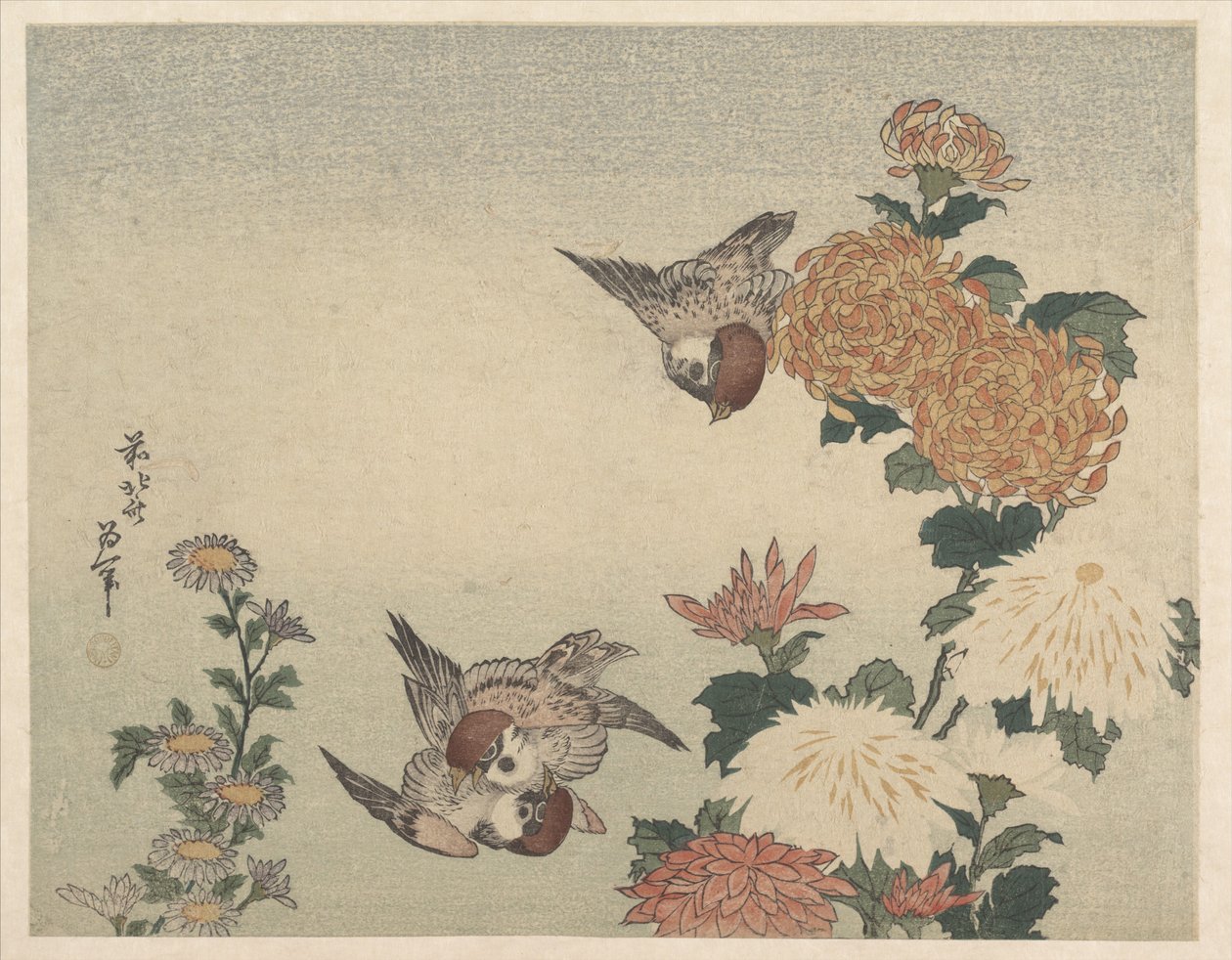 Spurver og krysantemum av Katsushika Hokusai
