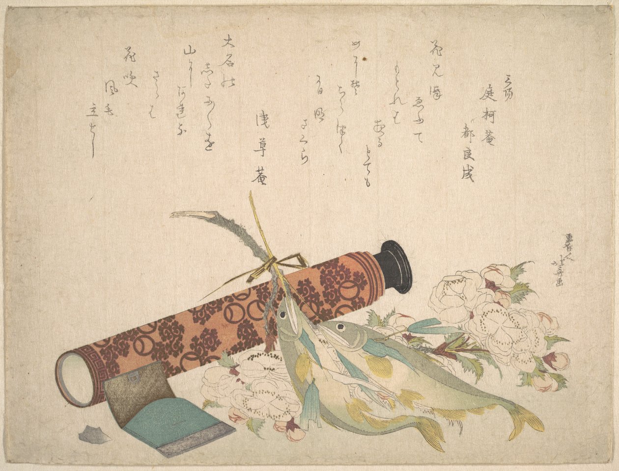 Stilleliv: Dobbel kirsebærblomstgren, teleskop, søtfisk og papirlommetørkleeske av Katsushika Hokusai