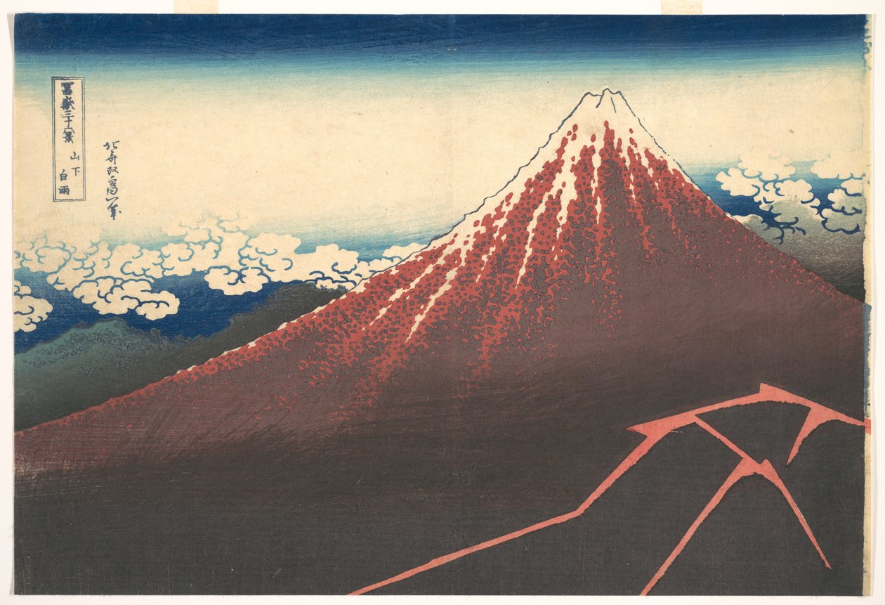 Storm ved foten av Fuji-fjellet (Sanka no haku u), fra serien «De tretti-seks utsiktene over Fuji-fjellet» (Fugaku sanjūrokkei) av Katsushika Hokusai