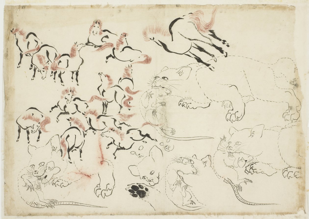 Studier av hester, katter og rotter (fra "Hokusai Manga"), ca. 1815-1849 (blekk og farge på papir) av Katsushika Hokusai