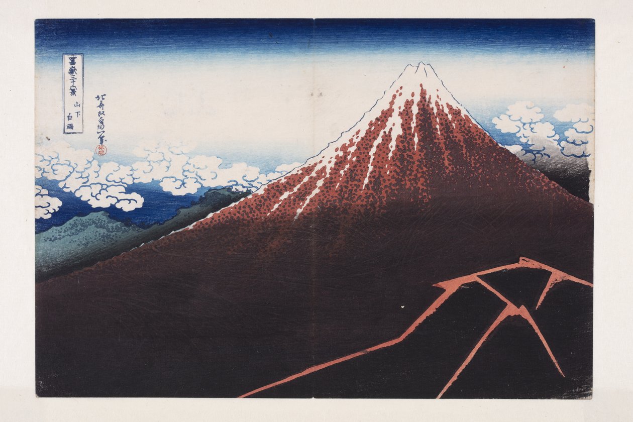 Plutselig dusj under toppen (Sanka hakuu) (farget treblokktrykk) av Katsushika Hokusai