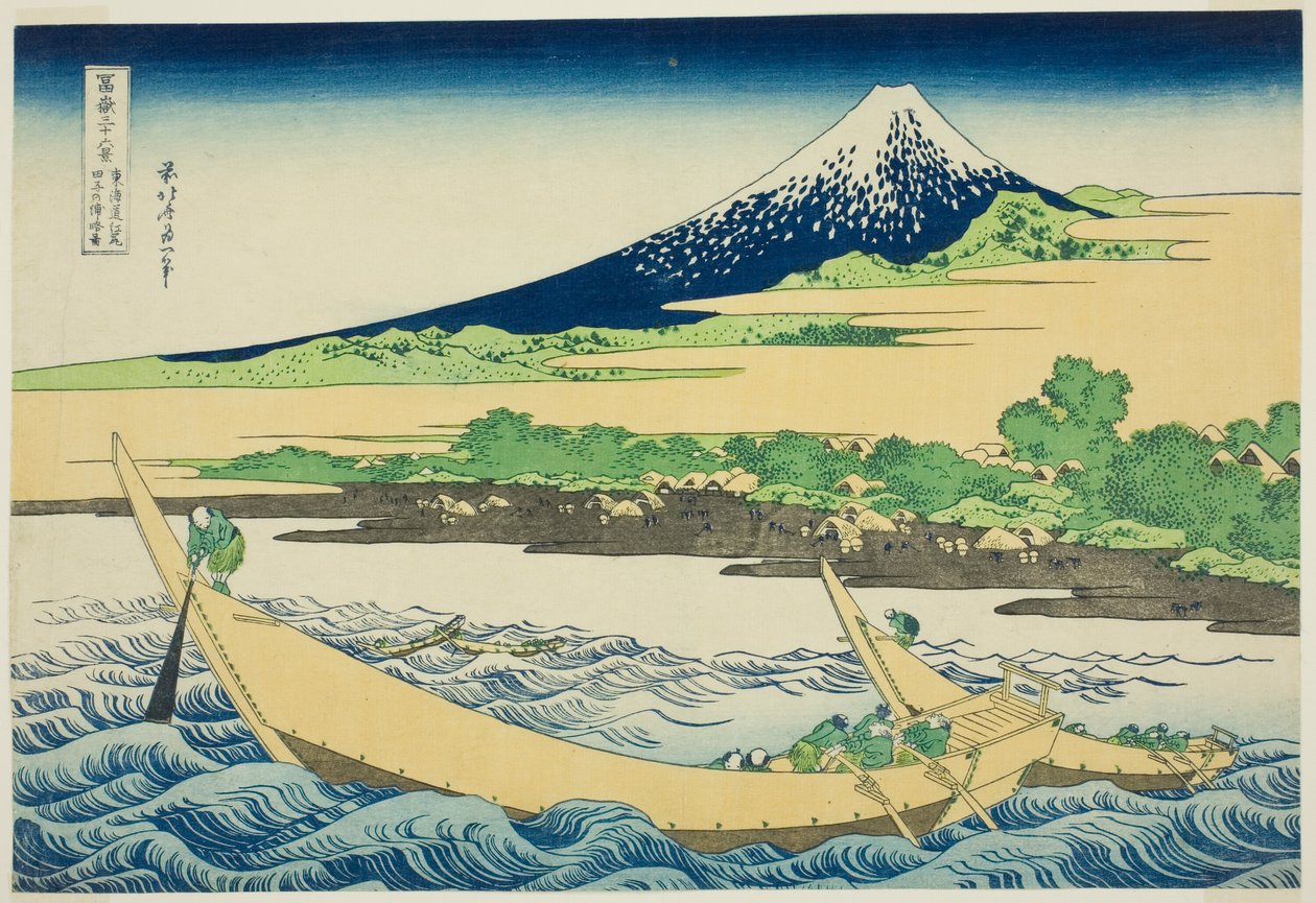 Tagonoura Bay nær Ejiri på Tōkaidō (Tōkaidō Ejiri Tagonoura ryakuzu), fra serien Thirty-Six Views of Mount Fuji (Fugaku sanjūrokkei) av Katsushika Hokusai