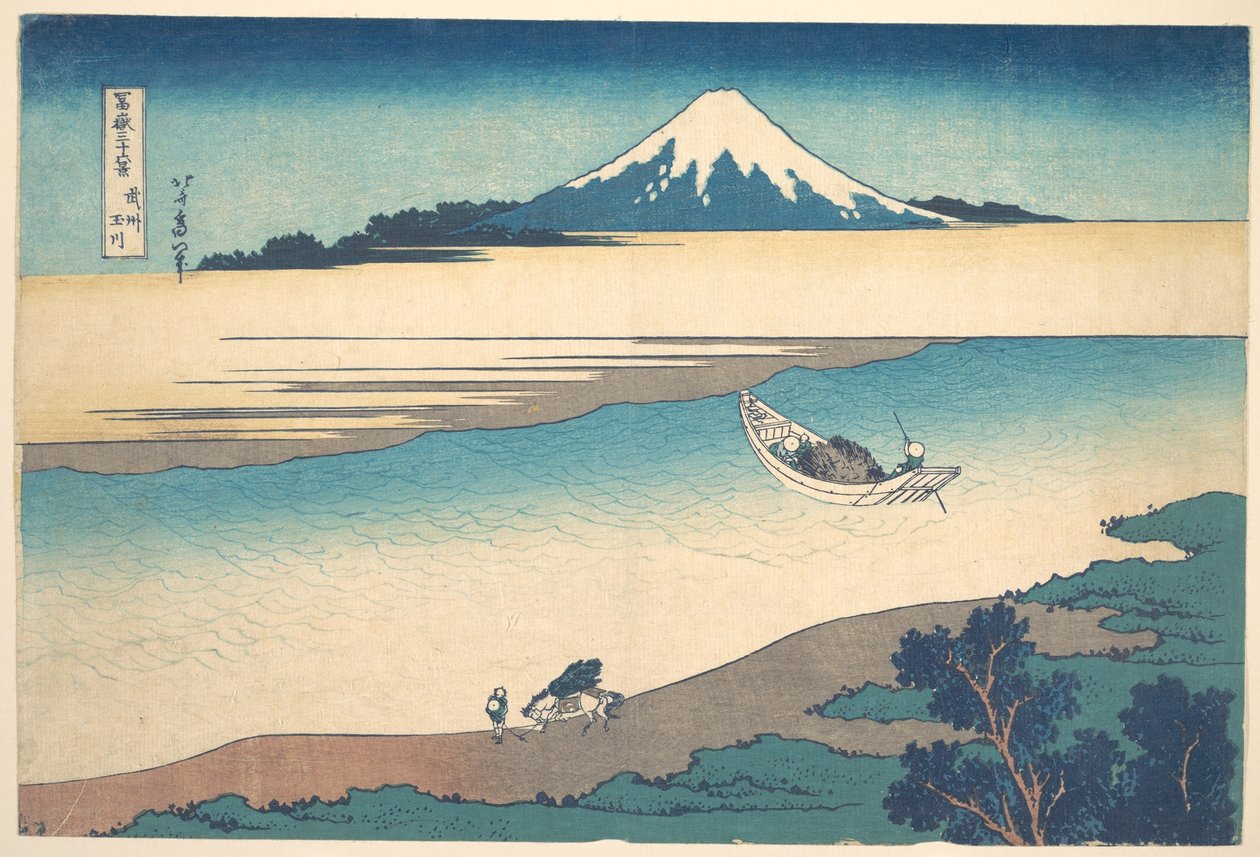 Tama-elven i Musashi-provinsen (Bushū Tamagawa), fra serien «De tretti-seks utsiktene over Fuji-fjellet» (Fugaku sanjūrokkei) av Katsushika Hokusai