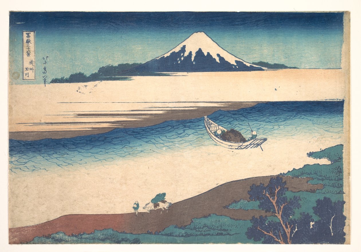 Tama-elven i Musashi-provinsen (Bushū Tamagawa), fra serien «De tretti-seks utsiktene over Fuji-fjellet» (Fugaku sanjūrokkei) av Katsushika Hokusai