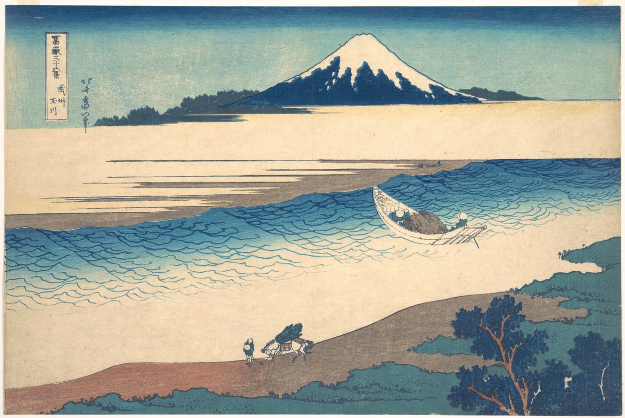 Tama-elven i Musashi-provinsen (Bushū Tamagawa), fra serien «De tretti-seks utsiktene over Fuji-fjellet» (Fugaku sanjūrokkei) av Katsushika Hokusai