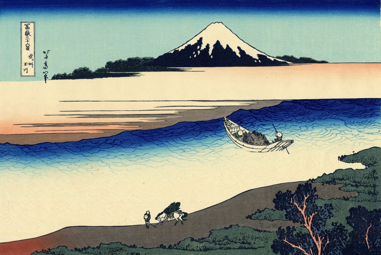 Tama-elven i Musashi-provinsen, ca. 1830 (treblokktrykk) av Katsushika Hokusai