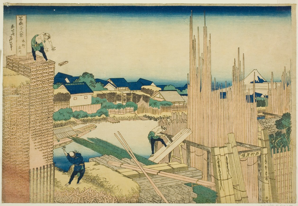Tachikawa ved Honjo (Honjo Tachikawa), fra seriens ``Tierty Mr. x Views of Mount Fuji (Fugaku Usaju Rokukei)