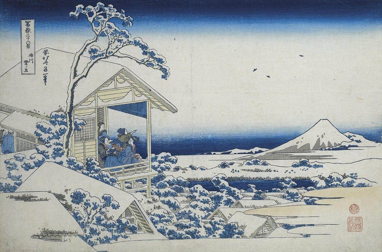 Tehus ved Koishikawa, morgenen etter et snøfall, ca. 1830 (treblokktrykk) av Katsushika Hokusai