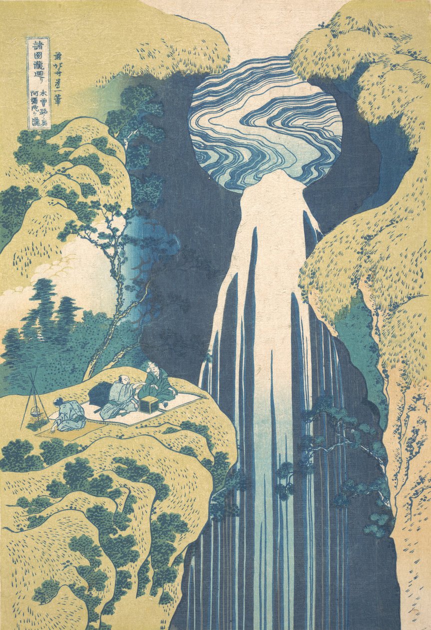 te amida fars medlem tehwa r rekker av te base åpningen nedre d baksiden av Kisoji Knitted Darga Falls. . . , mygg. 1827. av Katsushika Hokusai