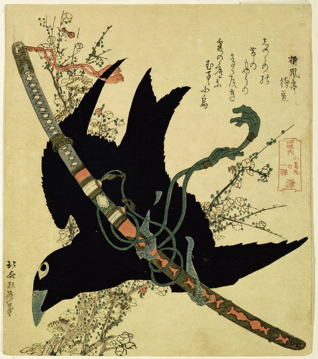 Den lille ravnen med Minamoto-klanens sverd, ca. 1823 (fargetresnitt) av Katsushika Hokusai