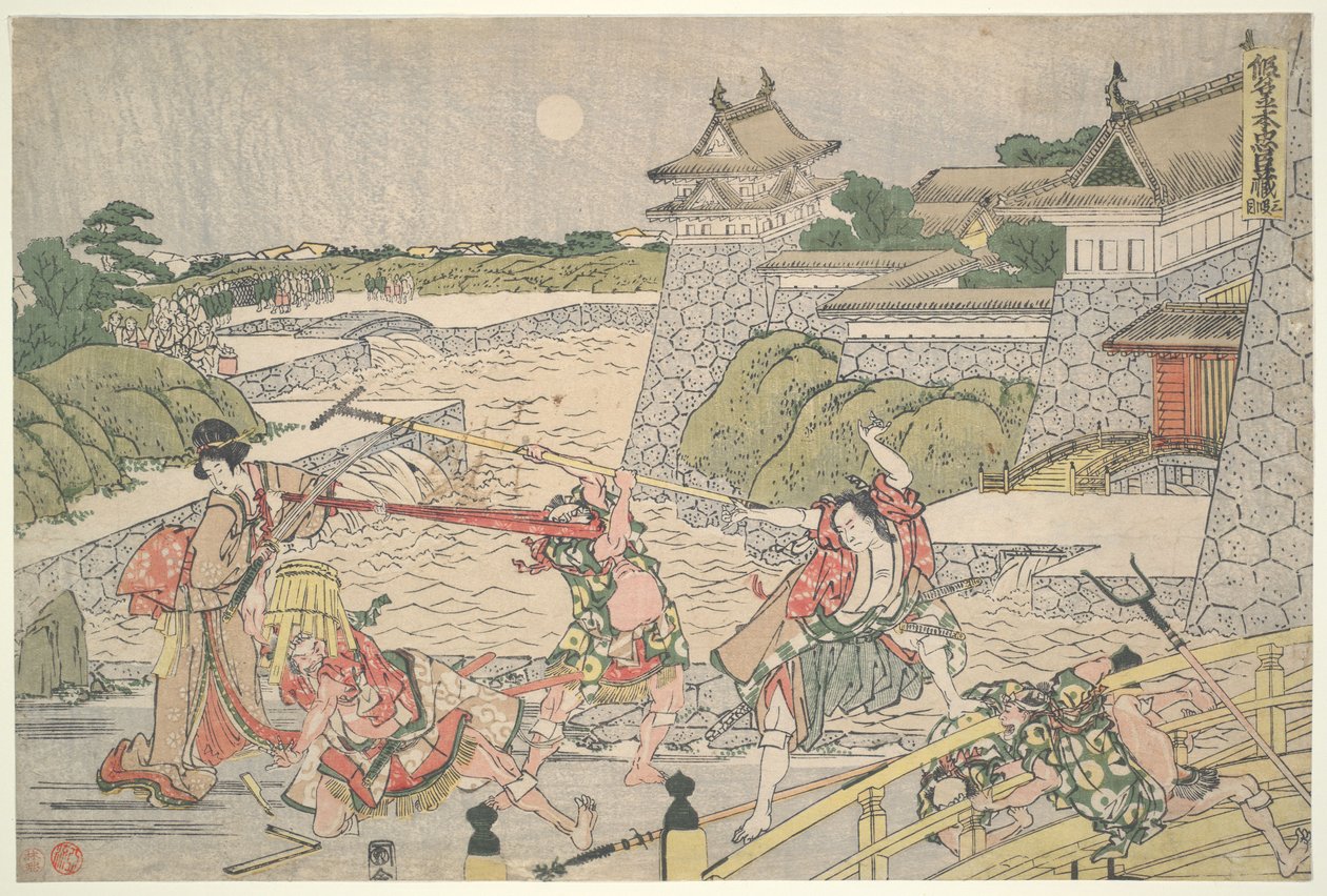 De 47 lojale rōninene (Chūshingura),  3. akt: Kampei blir angrepet av Bannai og hans menn av Katsushika Hokusai