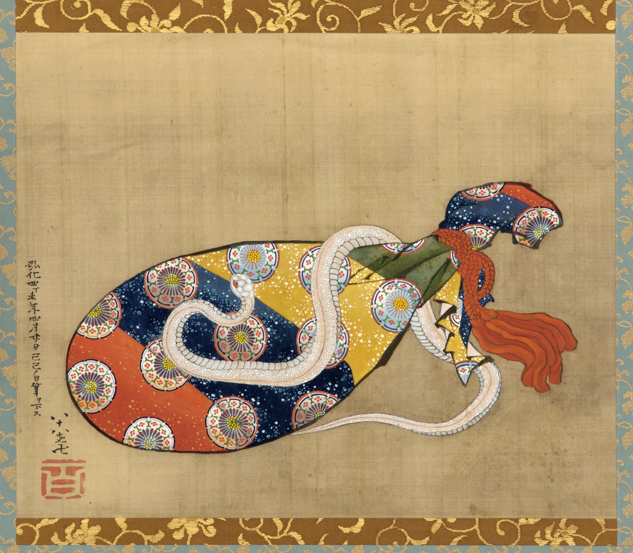 The Lute and White Snake of Benten, Edo-perioden, 1847 (blekk og farge på silke) av Katsushika Hokusai