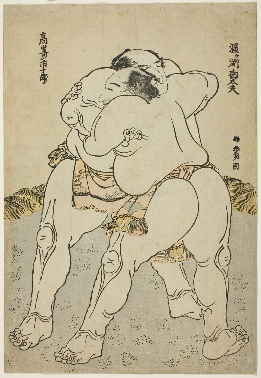Sumobryterne Uzugafuchi Kandayu og Takasaki Ichijuro av Katsushika Hokusai