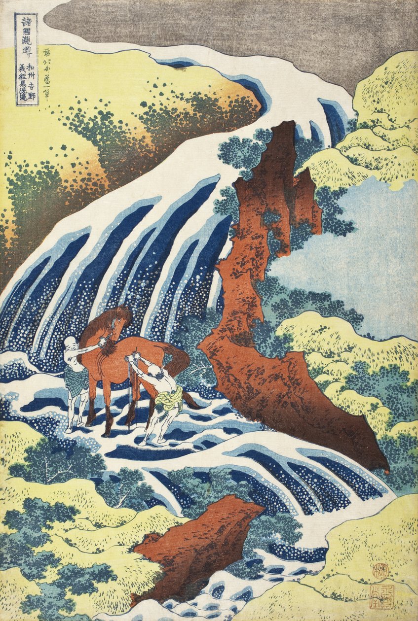 Yoshitsune-fossen, der hestene ble vasket, i Yoshino, Izumi-provinsen av Katsushika Hokusai