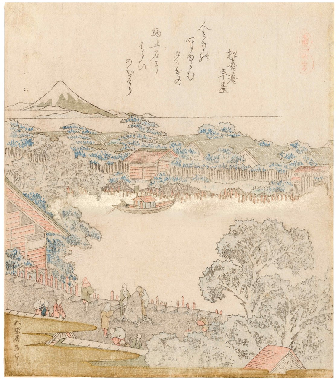 Bredden av Sumida-elven, Komatomeishi. Triptyk fra serien Umazukushi, venstre del, 1822. av Katsushika Hokusai
